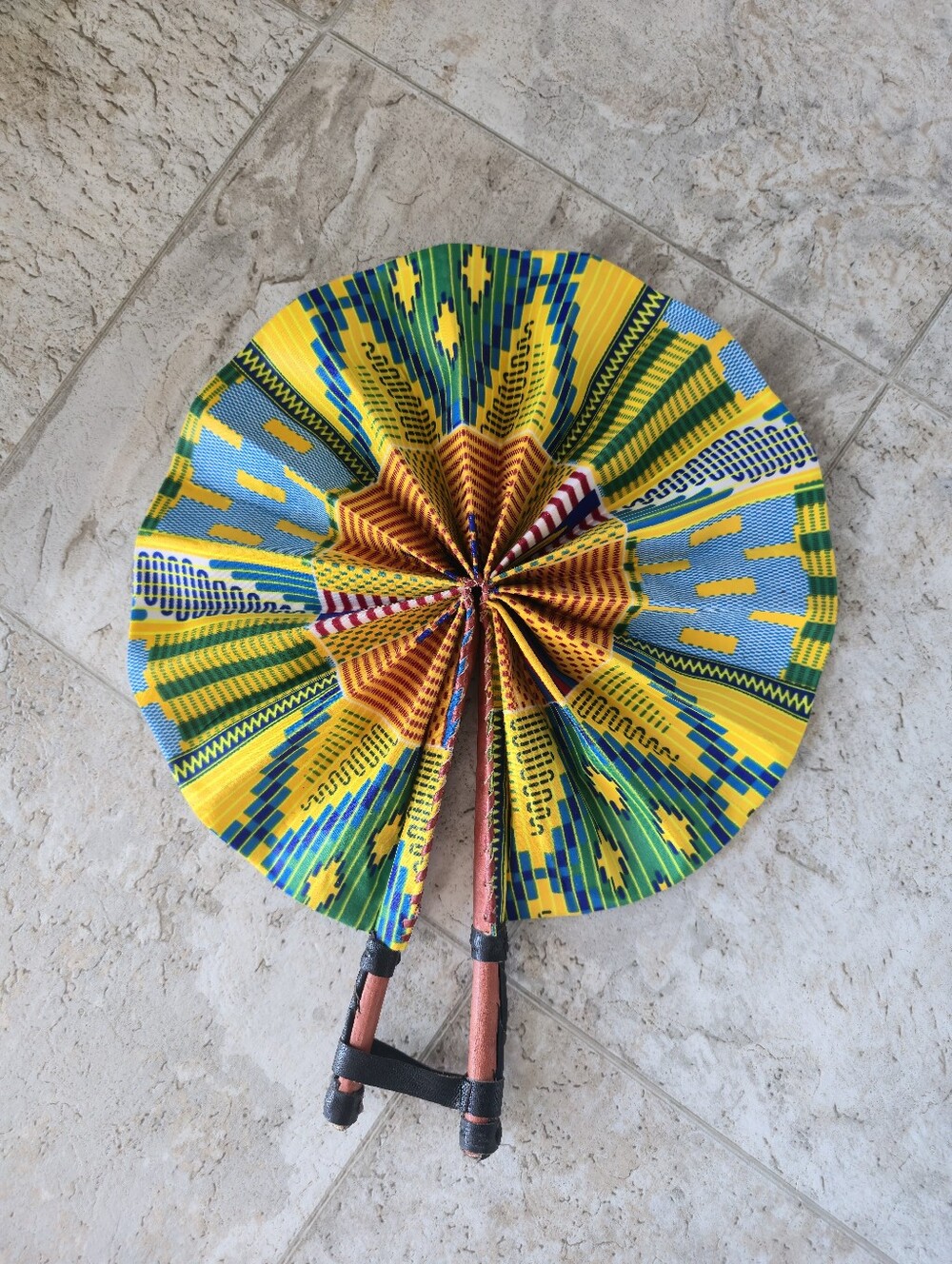 Handmade African Print Fan, Orange, Yellow & Blue